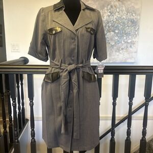 Sharagano Notched Collar Short Roll Tab Sleeve Button Closure Belted Matte 10